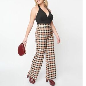 Unique Vintage 1940s Black and Blush Plaid Sailor Pants Large 10/12